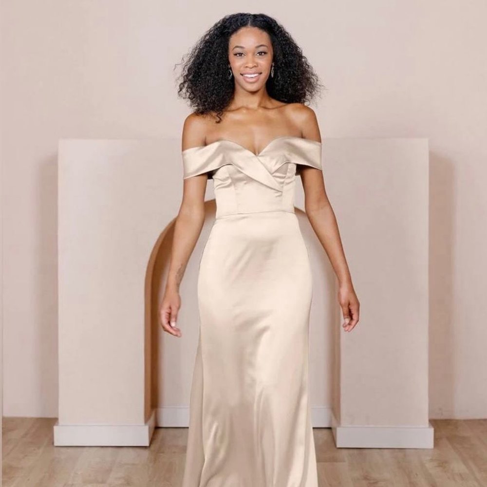 REVELRY Gold Champagne Bardot Satin Dress